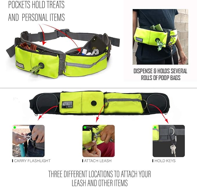TAKSIN The Ultimate Hands Free Dog Leash for Walking Running Hiking Training, Reflective Bungee Leash, Treat Holder, Poop Bag Dispenser for Small Medium Large Dogs (Yellow Deluxe Pack)