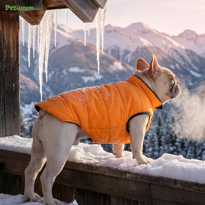 PetWarm Reversible Dog Cold Weather Coats, Waterproof Dog Puffer Vest, Vest for Dogs with Hook-and-Loop Strap, Windproof Outdoor Coat for Winter Walks and Snowy Days, Orange, S