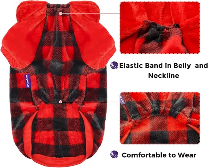 cyeollo Dog Sweater Christmas Hoodie Buffalo Plaid Flannel Sweatshirt Winter Thermal Warm Dog Clothes Pet Hoodies for Small Dogs with Leash Hole