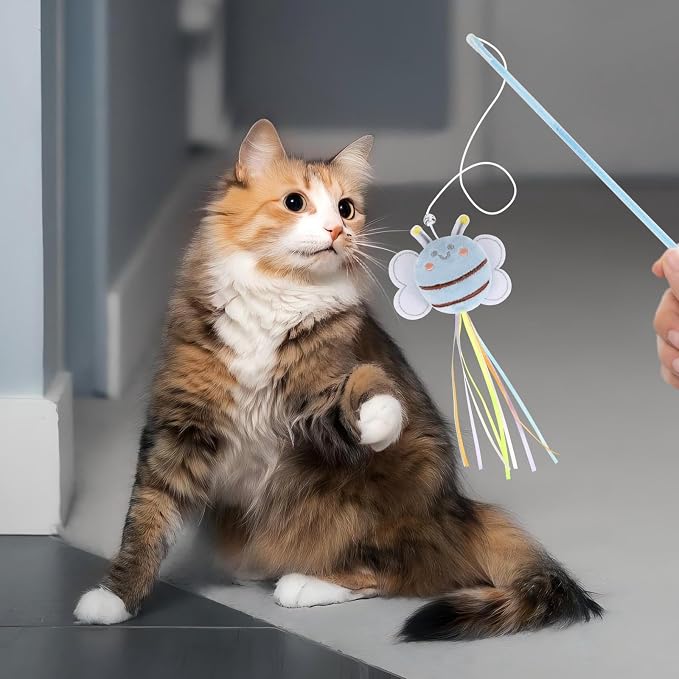 NOWFRESH Cat Wand Toy Set, 2 PCS Interactive Cat Teaser Wands with Cute Bee & Mouse Designs, Equipped with Bells and Streamers to Captivate Your Cat’s Attention