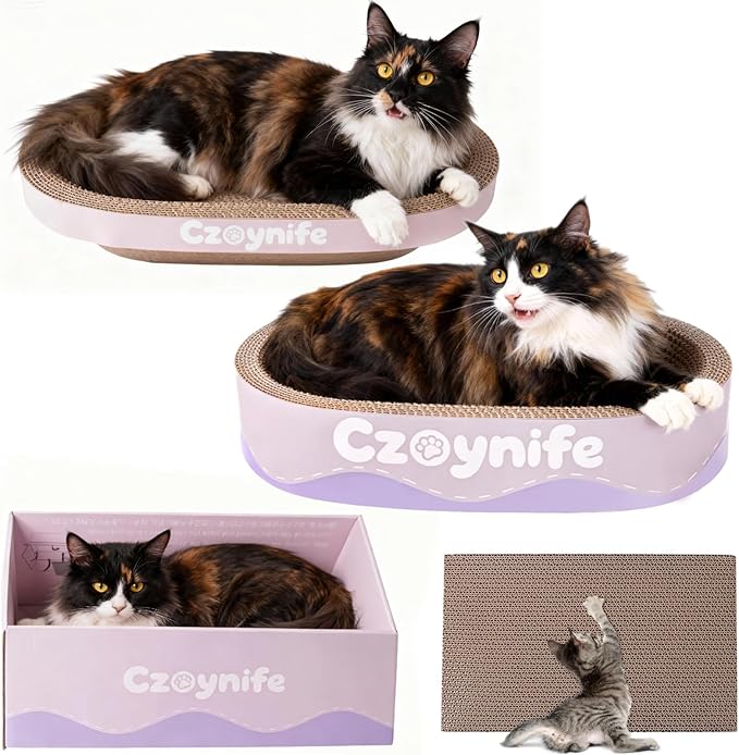 Czoynife 3PCS Cat Scratcher Cardboard, Oval Cat Scratch Pad Bowl Nest for Indoor Cats, Round Cat Scratching Board Corrugated Lounge Cat Bed, Furniture Protector for Couch (Purple, 17 * 11.5 in)