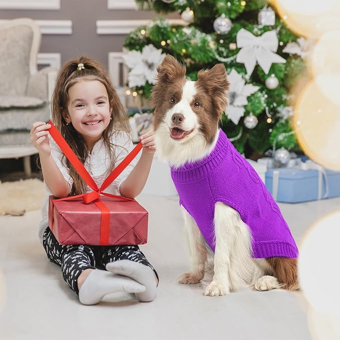 SCENEREAL Knitted Dog Sweater for Small Medium Large Dogs, Cat Dog Winter Coat Warm Sweartershirts Outfits, Classic Pet Clothes with Leash Hole, Soft Pet Knitwear Apparel for Girls Boys, Purple SM