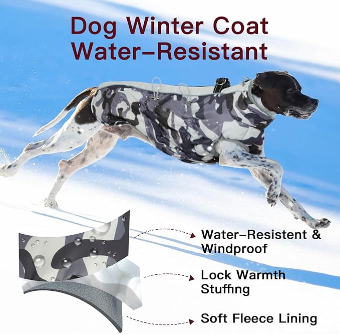Dog Coat Dog Winter Jacke- XX Large, Warm Dog Coat Zip Up Snowsuit Dog Harness Vest Reflective Water-Resistant Dog Coat Dog Snow Jacket for Large Dogs Border Collie, Pit Bull, Grey-Camouflage
