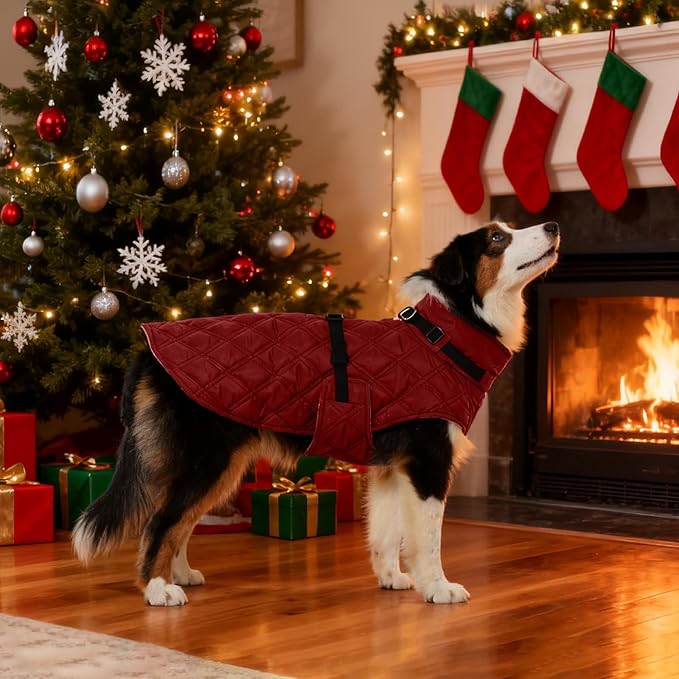 Kuoser Dog Coat Warm Fleece Lining Turtleneck Dog Jacket with Harness Built-in, Adjustable Windproof Cold Weather Coats with Quick Release Buckle Pet Winter Snowsuit for Small Dogs, Red S
