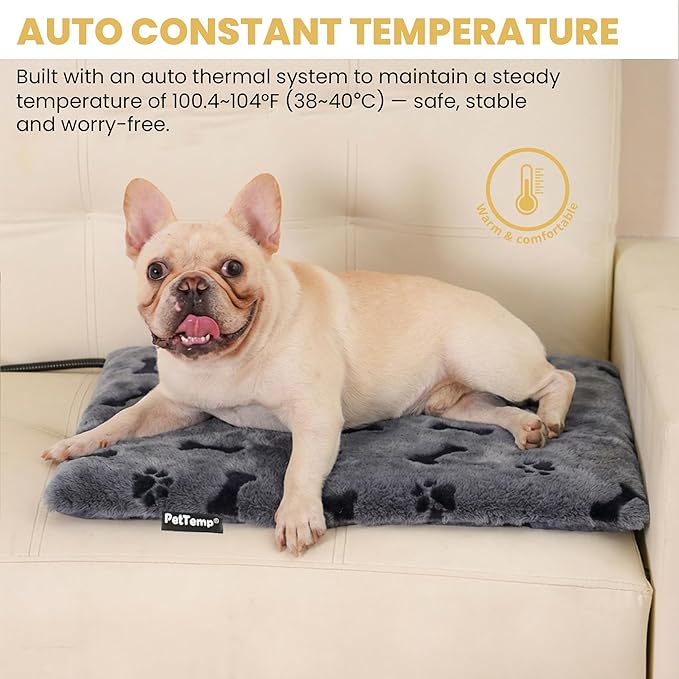PetTemp Pet Heating Pad for Cats Dogs Indoor & Sheltered Outdoor Waterproof Heated Cat Bed Heated Dog Bed Chew Resistant Cord Constant Temperature Gray Paw Print 20 x 16 Inch