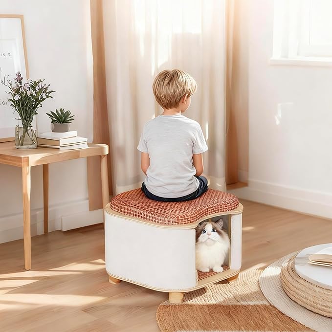 Cat Bed for Indoor Cats – Wooden Cat House with Scratching Pad, Multi-Functional Cat Furniture & Hideaway Stool, Durable Wooden Cat Cabinet Cottage for Kittens