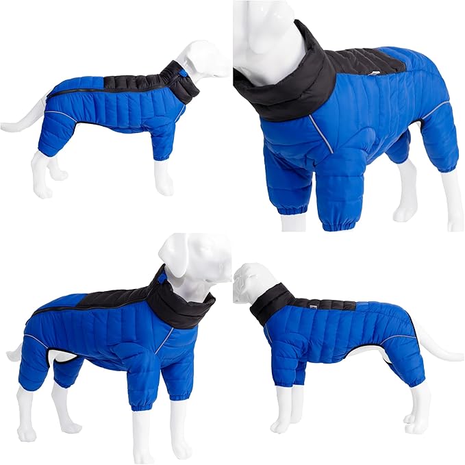 Dog Warm Jacket Coat, 4 Legs Covered, Waterproof Windproof Reflective, Zippered Adjustable Outdoor Snow Jacket for Small-Medium-Large Dogs Blue