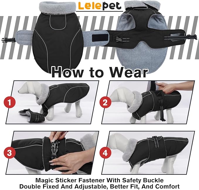 Lelepet Warm Dog Coats for Small Dogs Waterproof Dog Jacket Reflective Pet Fleece Vest Windproof Cold Weather Coats with Adjustable Buckle & Leash Hole, Black, S