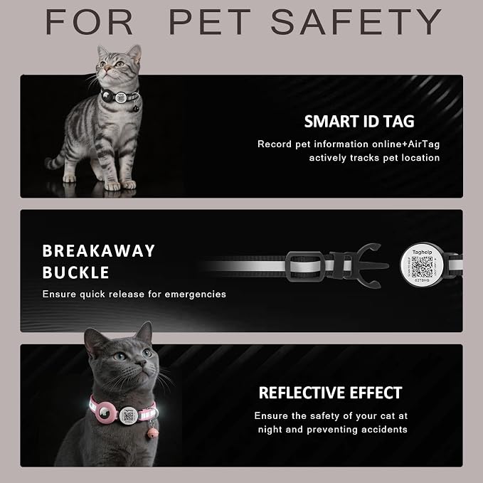 2 Pack Airtag Cat Collar, Breakaway Cat Airtag with Smart ID tag & QR Code Reflective (Reflective Strip & Paw Pattern - Pink, with Integrated AirTag Holder)