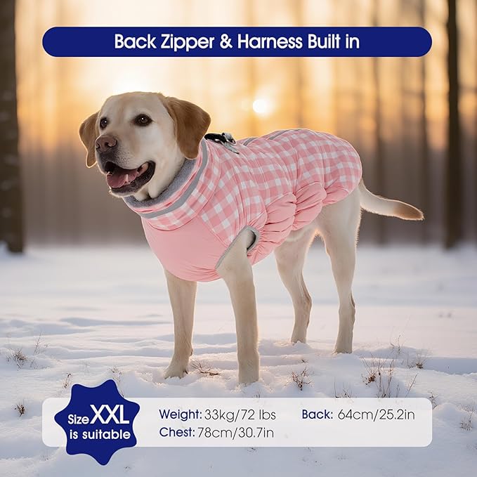 FUAMEY Dog Coat for Large Dogs,Waterproof Dog Winter Jacket with Harness Built in Puppy Cold Weather Coats Reflective Pet Vest with Zipper Warm Fleece Dogs Snowsuit Windproof Pink Plaid L