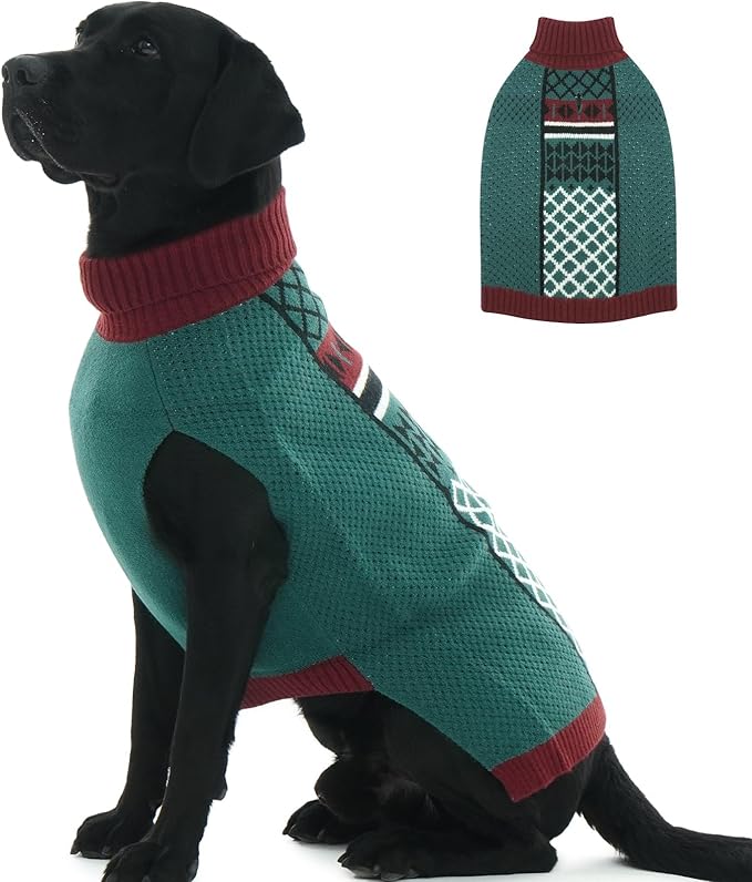 Dog Sweaters for Large Dogs, Fall Turtleneck Sleeveless Sweater with Leash Hole, Winter Thermal Knitwear for Cold Weather, 2XL Dog Christmas Sweater for Female Male Pitbull, Green XXL