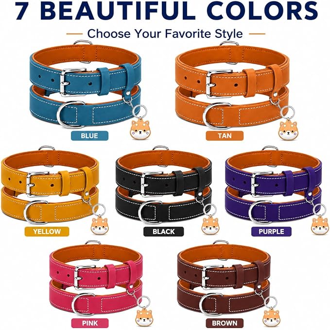 Genuine Leather Dog Collar, Soft Padded Leather Dog Collars with Airtag Holder Case for Small Medium Large X-Large Dogs,Comfort Heavy Duty Pet Collar with Durable Metal Buckle & D-Ring-Dark Purple/XL