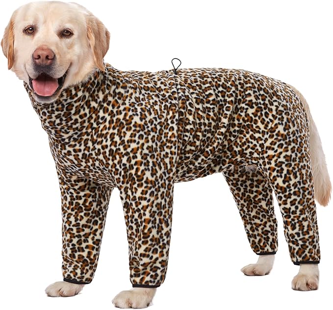 Dog Winter Coat for Large Medium Small Dogs, Warm Fleece High Collar Full Body Dog Jumpsuit Comfortable Onesie Apparel (Leopard, 5X-Large)