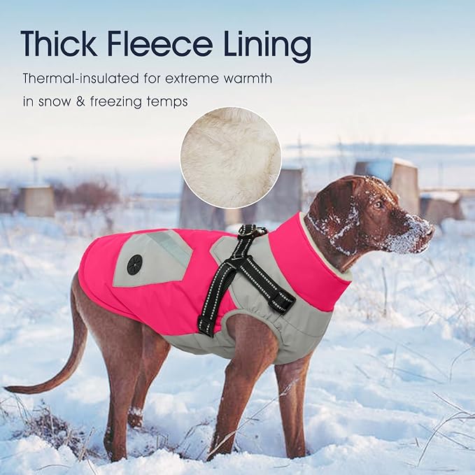IECOii Dog Winter Coat with Harness Built in, Waterproof Windproof Dog Coats for Large Dogs, Thermal Fleece Cold Weather Jackets with Zip, Outdoor Warm Snow Jacket Reflective, Rosered, XXXL