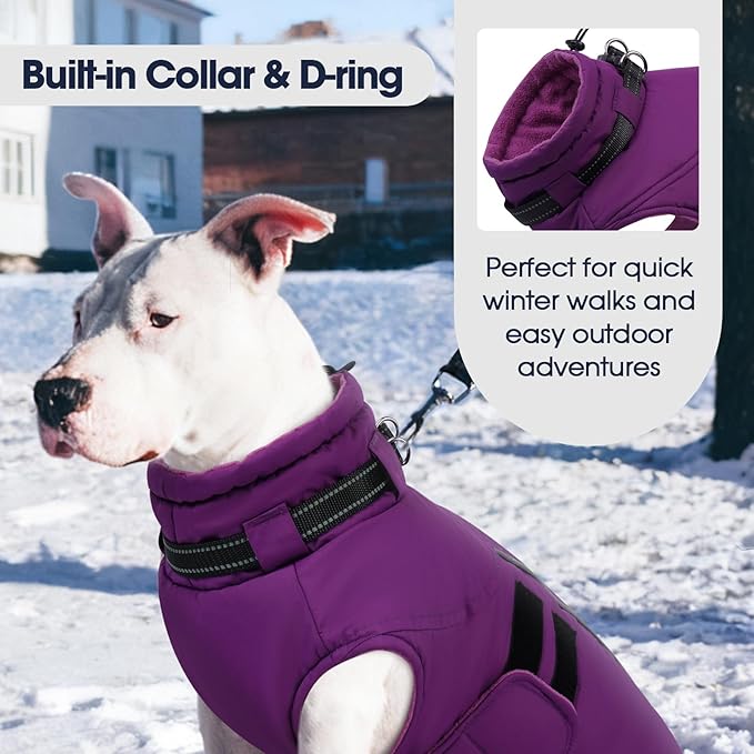 IECOii Big Dog Winter Coat for Giant Breed Dogs Waterproof Dog Jacket with Built in Collar, Reflective Dogs Coat Pet Snow Jacket for Great Dane Saint Bernard, Easy Outdoor Walking, Purple - 5XL