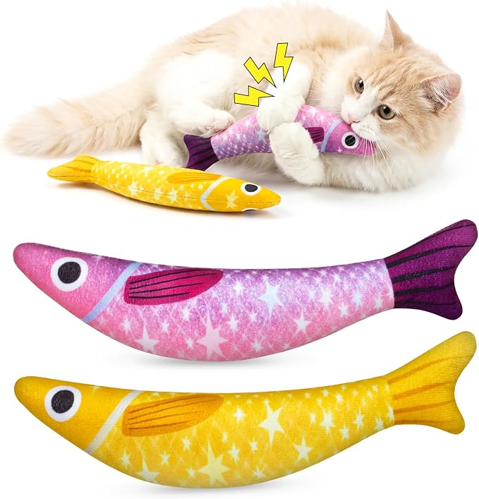 Cat Toys for Indoor Cats, Fish-Shaped Pillow, 2 Pack Yellow + Purple