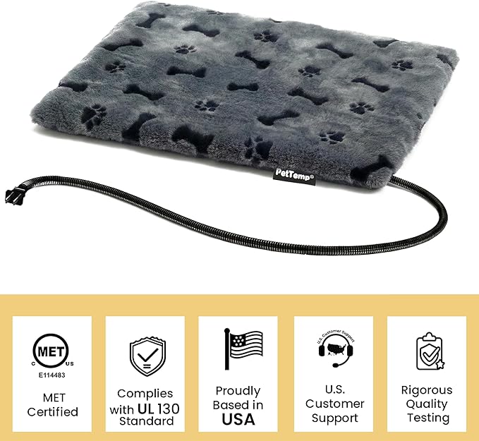PetTemp Pet Heating Pad for Cats Dogs Indoor & Sheltered Outdoor Waterproof Heated Cat Bed Heated Dog Bed Chew Resistant Cord Constant Temperature Gray Paw Print 16 x 13 Inch