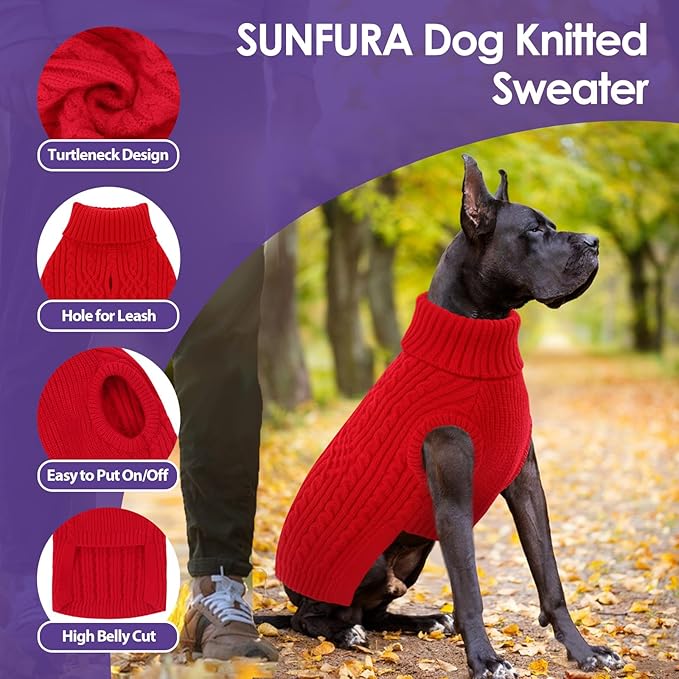 SUNFURA Christmas Dog Sweater, Dog Sweaters for Medium Dogs Girl Boy, Warm Soft Sweaters Pullover for Fall Winter, Solid Color Turtleneck Knitwear Clothes for Pug, Yorkie, Boston Terrier, Red M