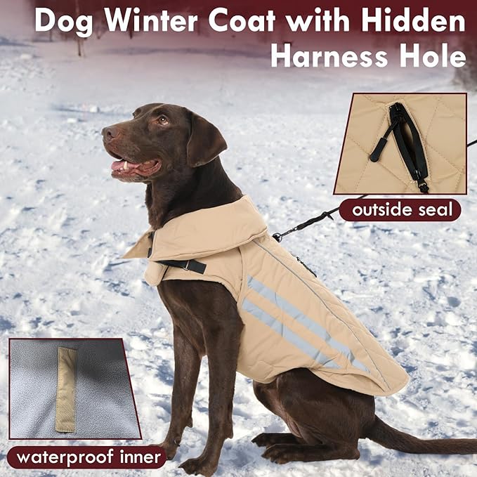 Dog Jacket for Large Dogs Winter Coat with Harness Hole Waterproof Reflective Turtleneck Snowsuit Adjustable Hook & Loop Cold Weather Coats for Dogs Border Collie Pitbull, Khaki 2XL