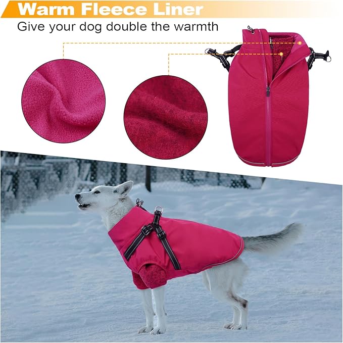 Lelepet Dog Coat 3 in 1 Waterproof Dog Winter Jacket with Harness Built in Windproof Snow Jakcet with Detachable Fleece Sweater Lining Reflective Thermal Cold Weather Coats for Small Medium Large Dogs