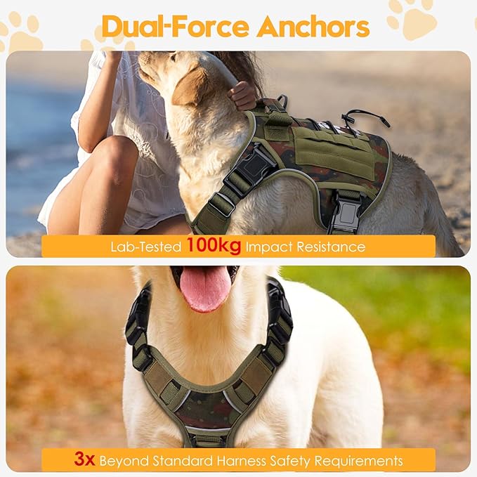 Heavy-Duty Tactical Dog Harness for Large Dogs, No Pull Adjustable Reflective Pet Vest with Molle System, K9 Military-Grade Control for Service Training, Outdoor & 10+ Breeds, Green Camo, XX-Large