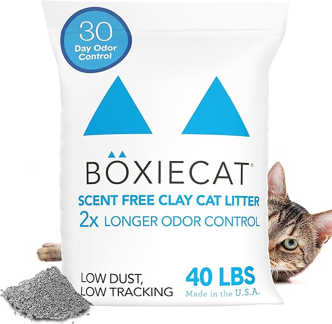 Boxie Unscented 30 Day Odor Control Clumping Clay Cat & Kitty Litter 40 lb, 99.9% Dust-Free, Hard Flat Top Clumps, No Fragrances No Fillers, Long-Lasting, Easy to Scoop