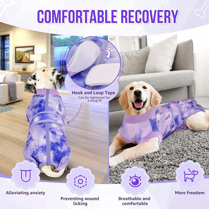SlowTon Dog Surgery Recovery Suit - Zipper On Dog Onesies After Surgery for Female Male Dogs, Abdominal Wounds Bandages Cone/E-Collar Alternative Surgical Body Suit Shirt (Purple - Tie Dye,XL)