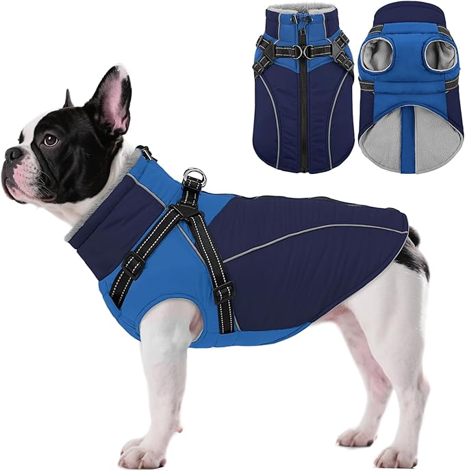 ASENKU Reflective Dog Coat with Built-in Harness, Windproof Fleece-Lined Dog Jacket for Small, Medium, Large Dogs, Warm Winter Vest with Turtleneck & Zipper (Navyblue XS)