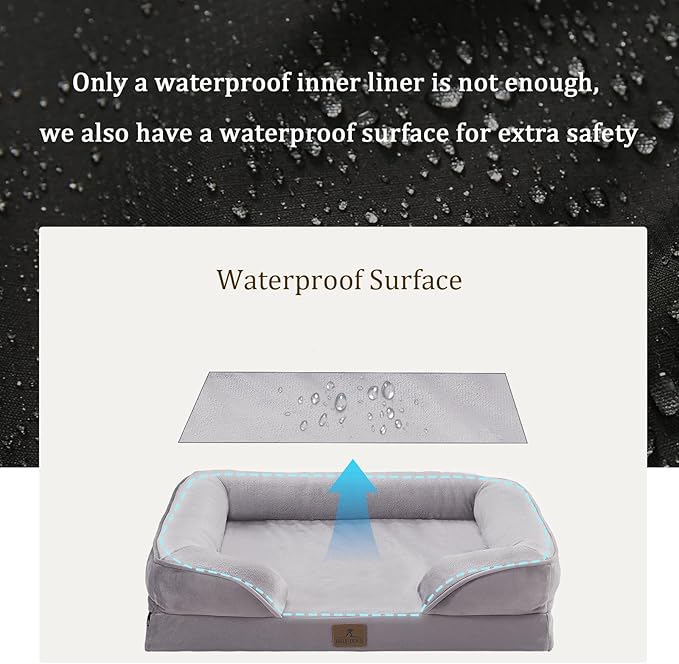Bedfolks Orthopedic Dog Bed XL, Waterproof Dog Sofa Bed for Extra Large Dogs, Egg Foam Pet Couch Bed with Removable Washable Cover and Nonslip Bottom, Light Grey