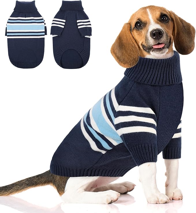 Queenmore Dog Striped Knitted Sweater, Turtleneck Pullover Pet Coat, Dog Winter Clothes with Leash Hole for Small Medium &Large Dogs(Navy Blue,XL)