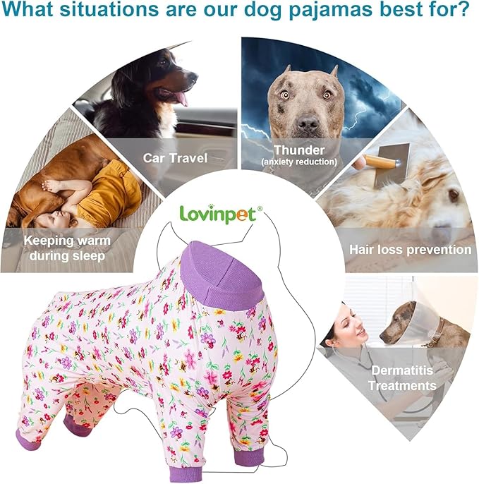 LovinPet Large Sized Dog Anxiety Calming Shirt,Pink Bees & Flowers Pink Print, Pajamas for Pitbulls, Onesies for Dogs, 2XL