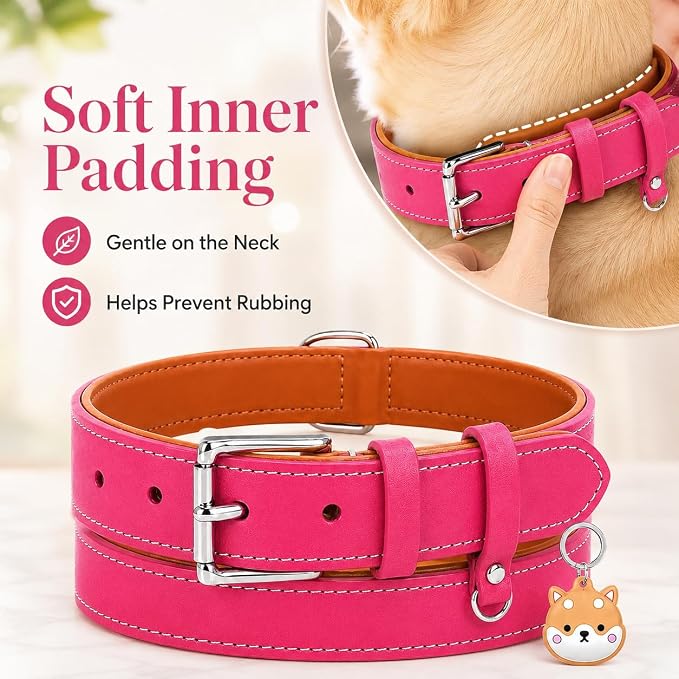 Genuine Leather Dog Collar, Soft Padded Leather Dog Collars with Airtag Holder Case for Small Medium Large X-Large Dogs,Comfort Heavy Duty Pet Collar with Durable Metal Buckle & D-Ring-Pink/S