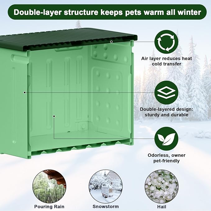 Tepoal 17.7"x17"x17.5" Plastic Heated Cat House for Outside Winter, Weatherproof Outside Cats Shelter with Safety Escape Doors and Heating Pads, Elevated Feral Cat House for Wild and Stray Cats Green