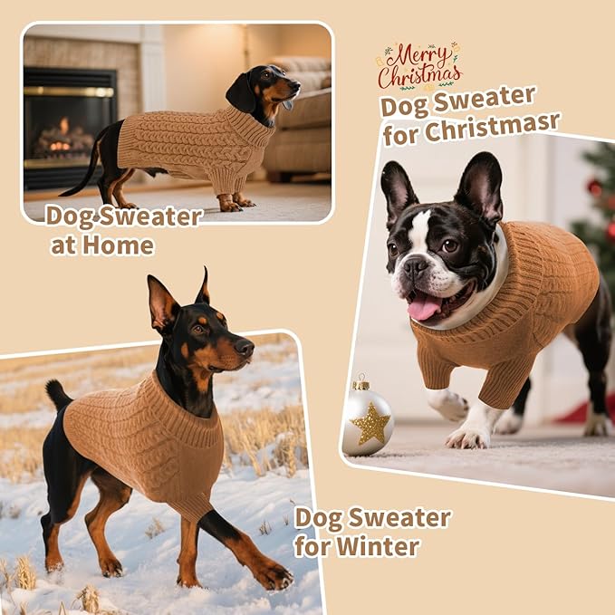 SAWMONG Dog Sweater, Dog Sweaters for Medium Dogs Girls Boys, Pullover Turtleneck Knitted Doggy Sweatshirt, Cold Weather Pet Clothes（Khaki, Medium