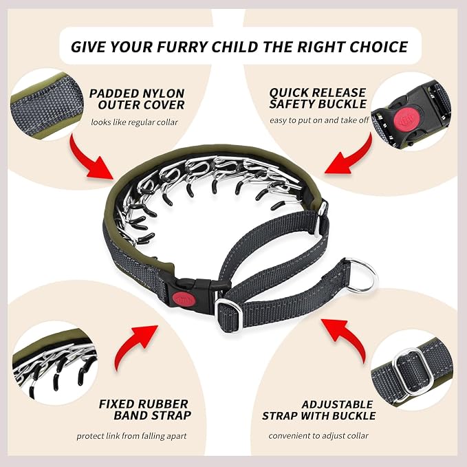 Martingale No Pull Dog Collar for Large Medium Small Dogs, Heavy Duty Nylon Reflective Adjustable Anti Pull Slip Collar with Buckle for Training Walking M Black Army Green