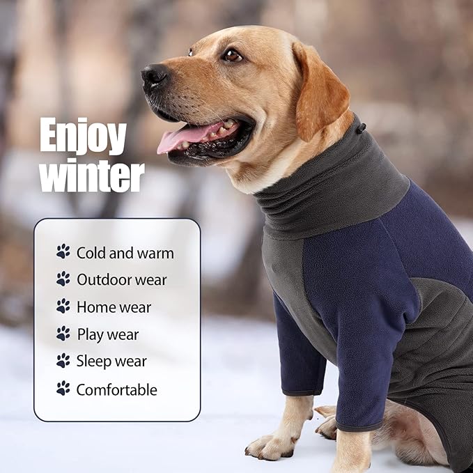 Dog Winter Coat - Soft, Warm, Windproof Fleece Dog Sweatshirt - High Neck Full Body Onesie for Walking, Hiking, Travel, Home Wear - Blue Grey XS