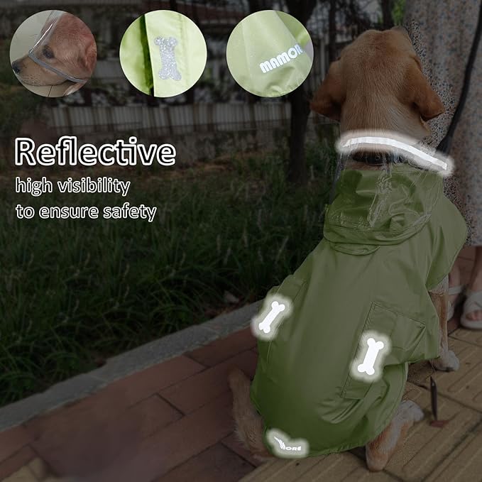 Waterproof Dog Raincoat, Adjustable Reflective Lightweight Pet Rain Clothes with Poncho Hood(Large,Light Green)