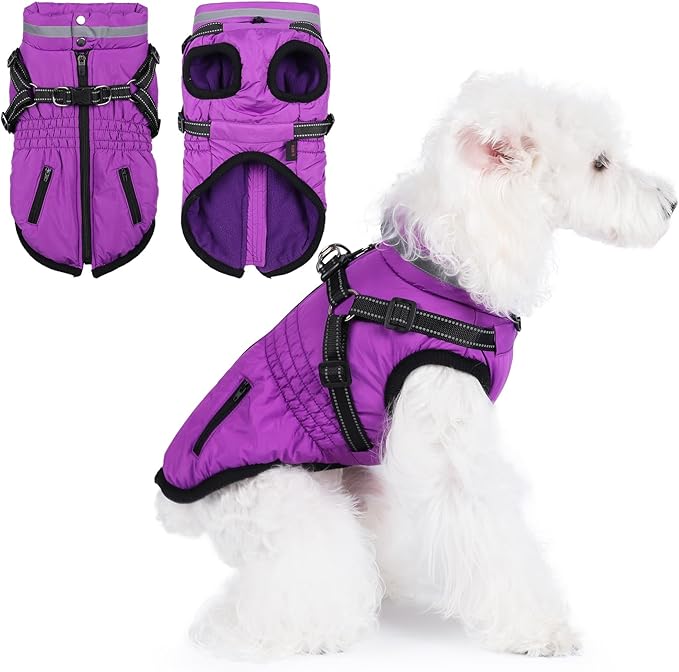 Gyuzh Dog Coat with Harness,Dog Coats for Small Dogs,Warm Fleece Winter Puppy Jacket,Waterproof Jacket with Harness Built in for Small Medium Large Dogs