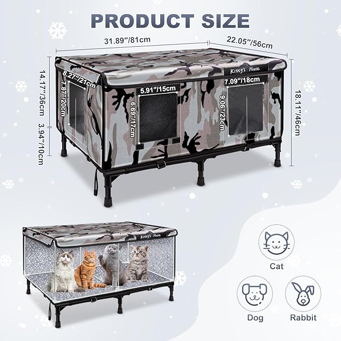 Outdoor Cat House - Weatherproof Outdoor Cat Shelter with 2 Doors & Rain Cover, Waterproof Cat House for Feral Cats & Stray Pets (32"x22"x18") - Unheated