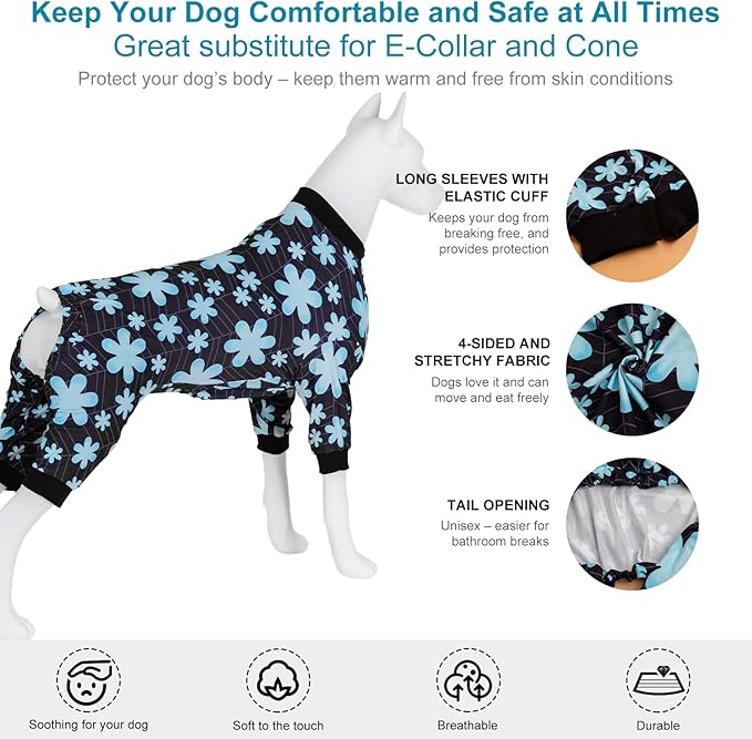 LovinPet Large Dogs Pajamas, Pet Anxiety Relief Shirt, Sun Protection Dog Onesie, Comfy Stretchy Fabric, Sage Print, Big Dog Surgery Recovery PJ's, Dog Party Apparel, Black XXL