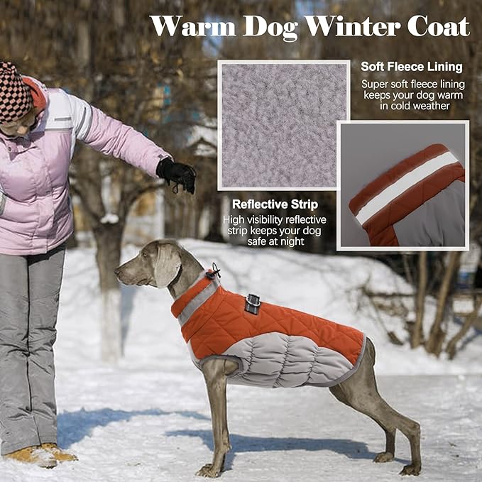 Lelepet Dog Coat Warm Dog Winter Coat Waterproof Dogs Jacket with Harness Built in Reflective Pet Fleece Vest Zip-Up Cold Weather Coats for Large Dogs Turtleneck & Windproof Coats Boston Terrier Brown