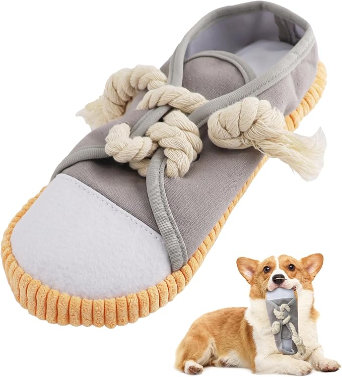 vocheer Dog Chew Toy, Dog Toys to Keep Them Busy Durable Teething Shoe Interactive Squeaky Puppy Toy,Small,Medium Breze, Machine Washable(Grey)