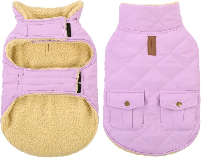Queenmore Warm Dog Coat, Cold Weather Puffer Dog Coat Vest, Quilting Winter Pet Jacket Ultra Thick Plush Fleece Lining Pet Clothes for Dogs with Storage Pockets (Lilac, X-Small)