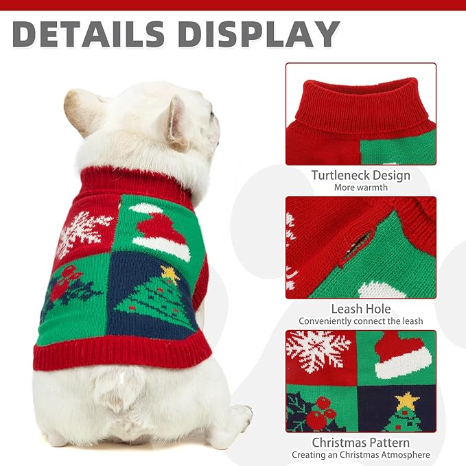 KOOLTAIL Christmas Dog Sweater, Cold Weather Pet Knitted Sweater Turtleneck Pullover, Red Green Color Design Doggie Sweatshirt, Thick Warm Dog Winter Clothes for Small Medium Large Dogs Boys Girls, M