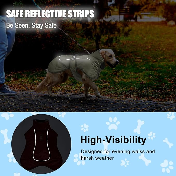 DoggieKit Dog Winter Coat, Waterproof Warm Jacket with Harness Built in, Reflective Cold Weather Doggie Vest, Windproof Turtleneck Pet Snowsuit, Adjustable Puffer Jacket for Medium Dogs, Green 2XL