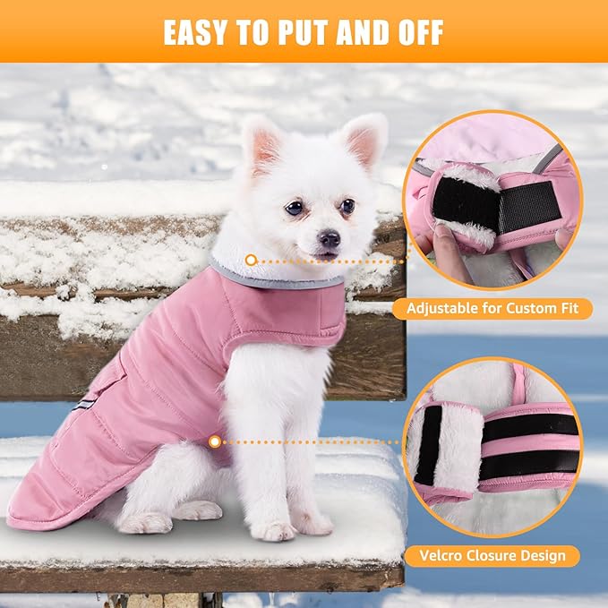 iBuddy Dog Winter Coat for Small Dogs, Easy on Dog Fleece Snow Coat Velcro Waterproof Pet Puffer Clothes with Harness Hole Adjustable Reflective Quilted Pet Cold Weather Vest Wind-poof for Girl Female