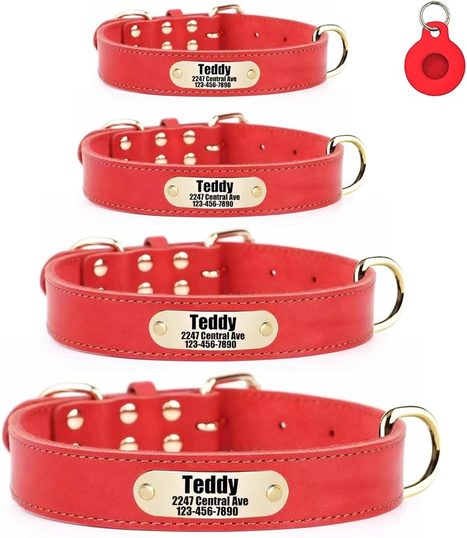 Personalized Genuine Leather Dog Collar with Name & Phone Number-Red-S
