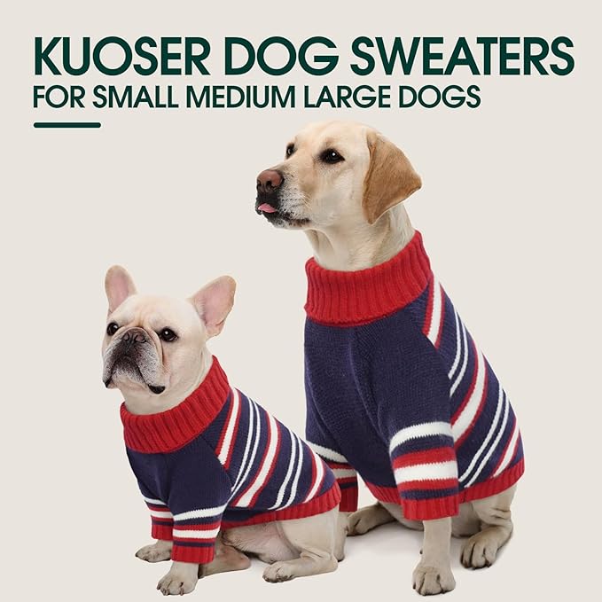 Kuoser Dog Sweater,Warm Dog Sweaters for Large Dogs,Turtleneck Thick Large Dog Sweater Christmas Outfit,Pet Winter Clothes Doggie Knitwear Girl Boy for Holiday Thanksgiving,Red&Blue Strips L