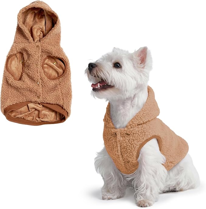 Spark Paws Fleece Dog Jacket, Hooded Sweater Vest, Warm Coat for Winter - Suitable for Small Medium Large XL XXL Breeds - Brown - M