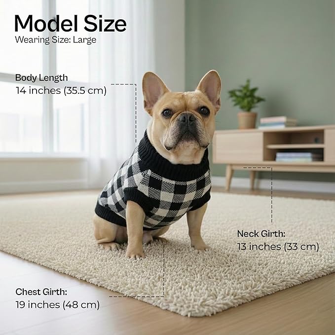 Parisian Pet Dog Sweaters - Cable Knit Dog Christmas Outfit - Fall, Winter Pet Clothes - Christmas Sweater for Large Dogs - Pullover Turtleneck White and Black Checkered Puppy Outfits - 2XL
